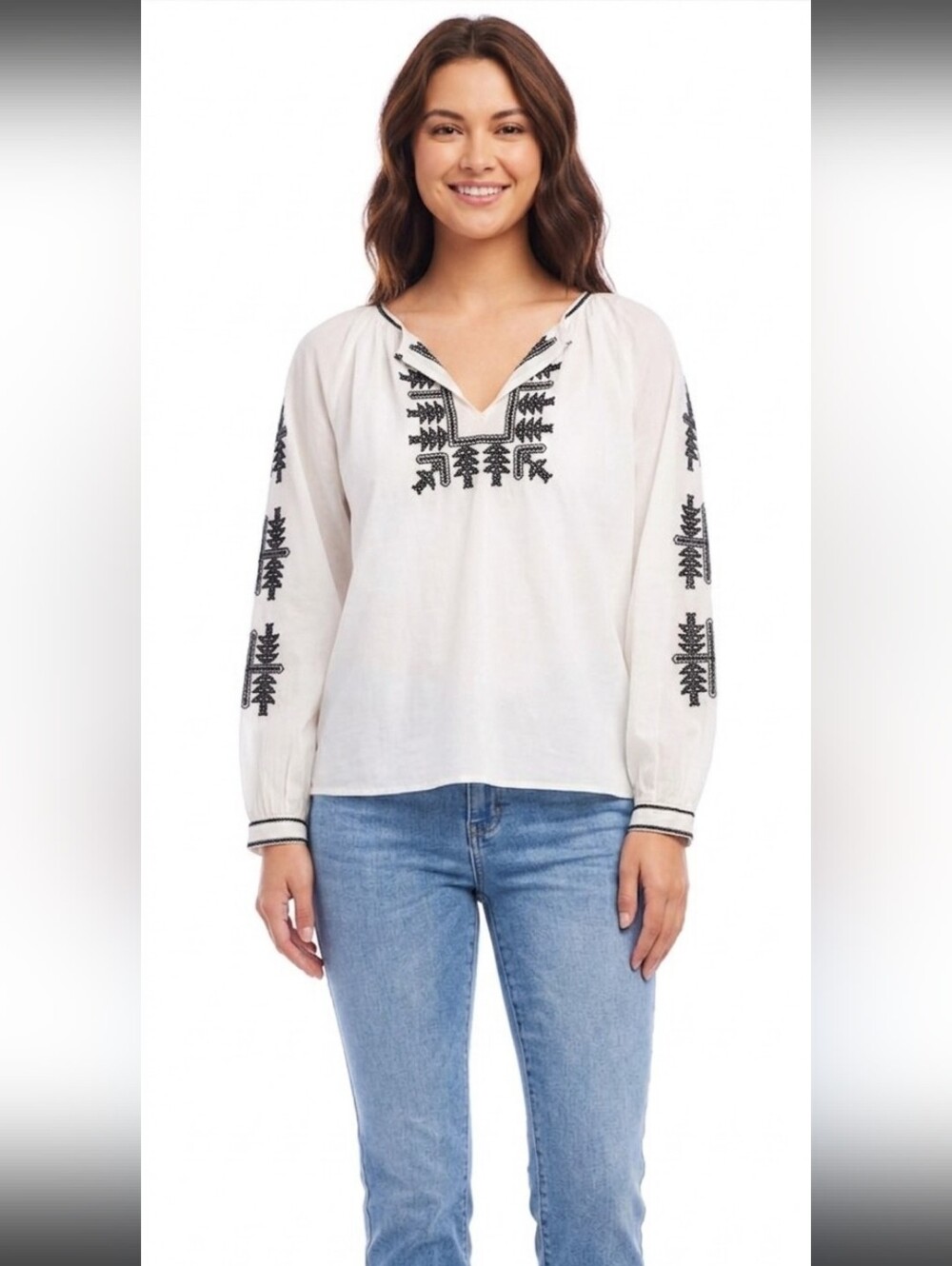 Karen Kane White Peasant Semi Sheer Tunic with Black Embroidery Size XL